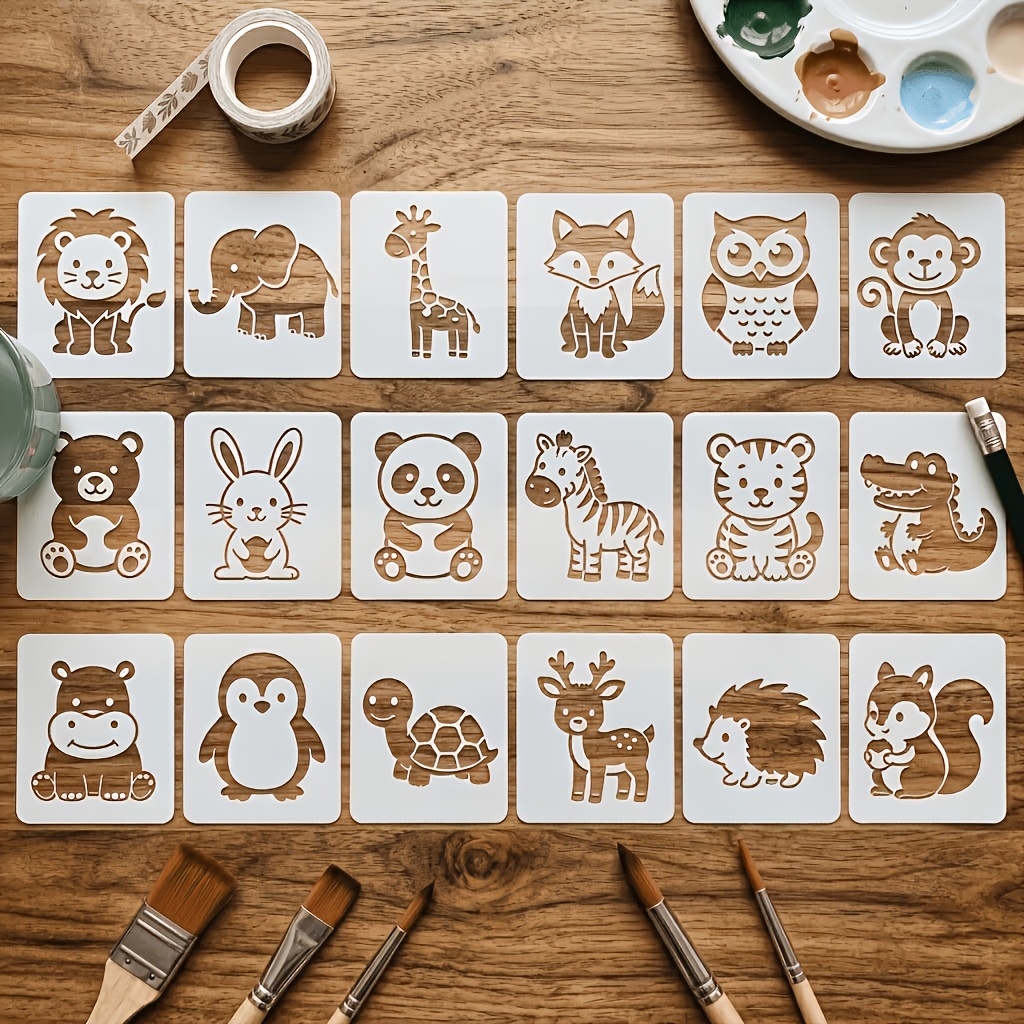 TEMU Set di 18 stencil per pittura traforata a tema fauna selvatica della , con motivi di leone, elefante, , panda, tigre, , e animali della foresta.