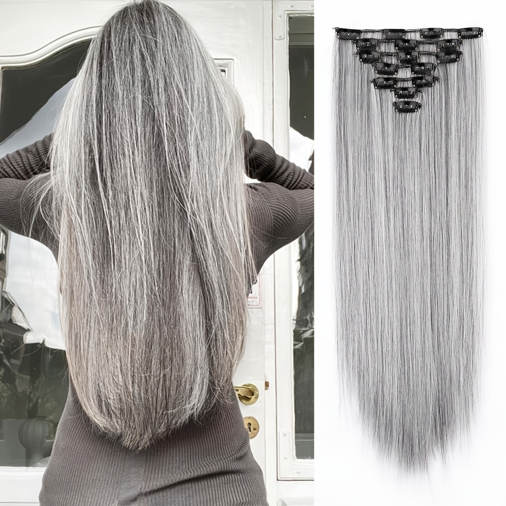 TEMU 7pcs Set Of Mixed Gray Straight Hair Clips For Hair Extensions. Synthetic Artificial Hair Suitable For Women' Wear.