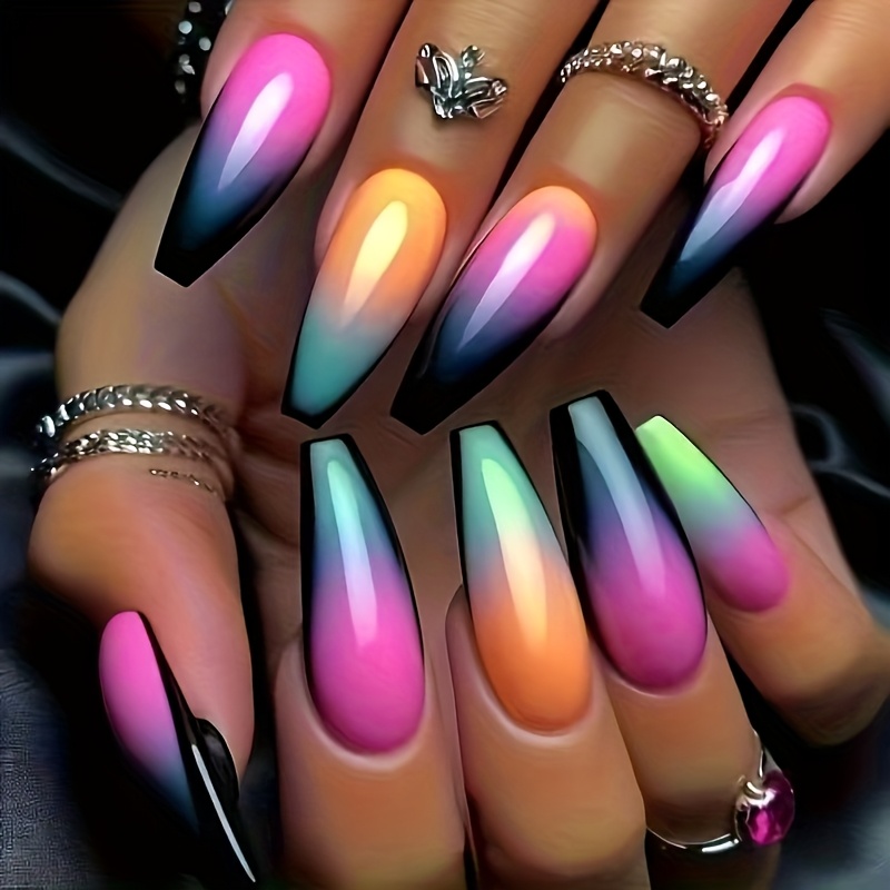 TEMU 48pcs Women's False Nails Mixed Color Ballet Nail Medium And Long With Edge Jump Color Shiny Wearable Nail Removable Press Nail Edge