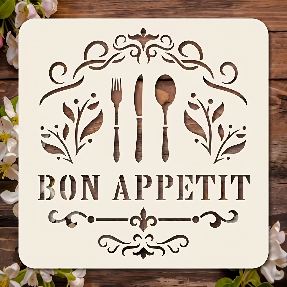 TEMU 1pc Bon Kitchen Template, Featuring Elegant With Fork, Knife, Spoon, And Floral Patterns, Measuring 5.9x5.9 Inches, For Wall Art Canvas Crafts