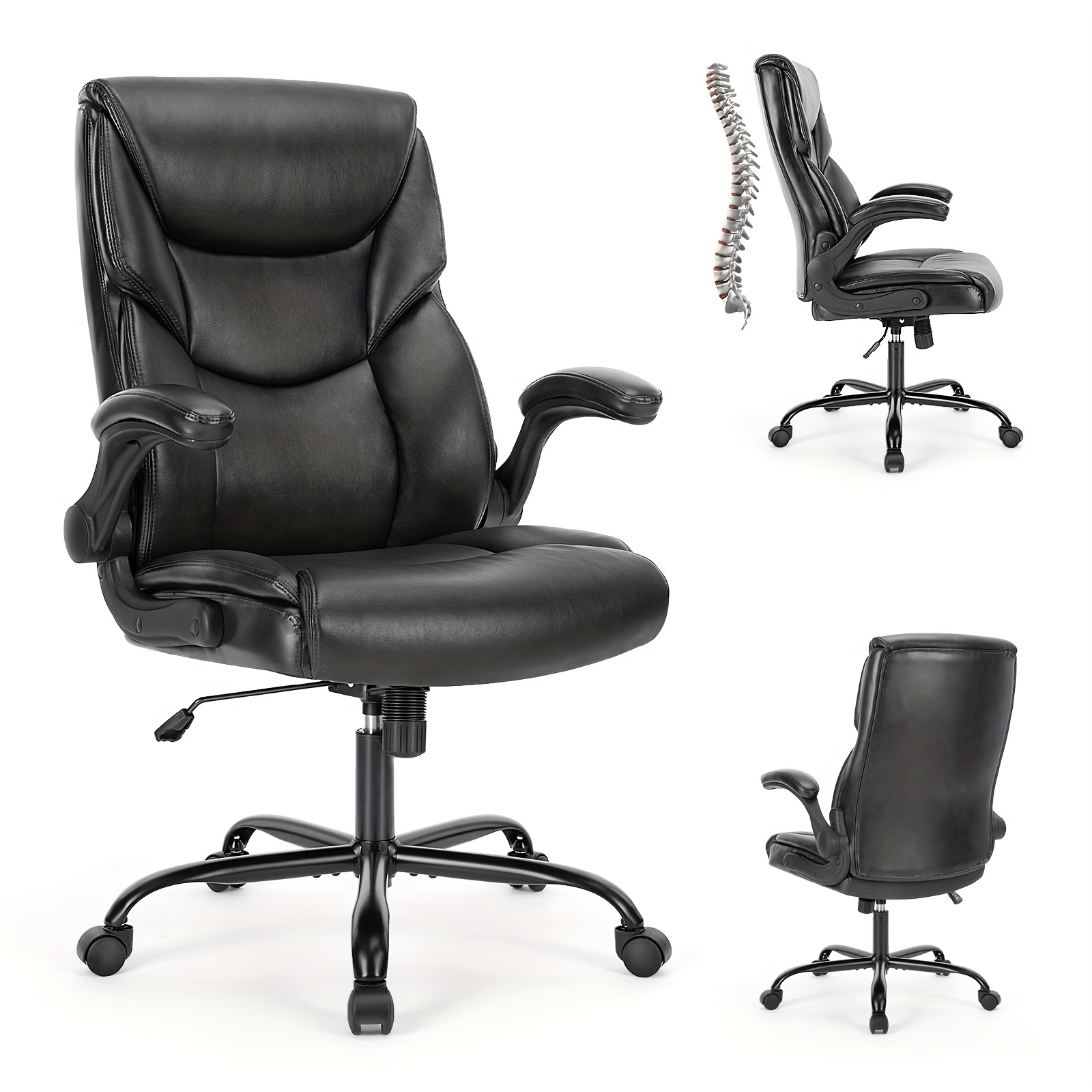 

Ergonomic Office Chair Heavy Duty Task Desk Chair With Flip-up Arms, Adjustable Swivel Rolling Chair With Wheels, Pu Leather