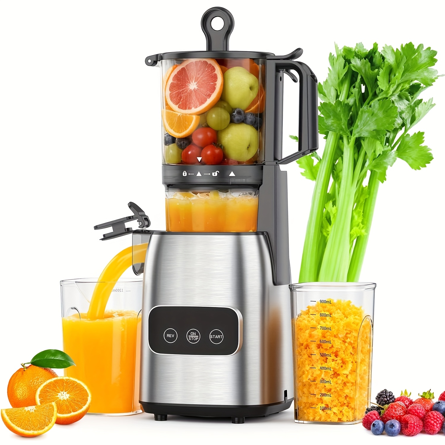 Cold Press Juicer Machine, 4.5"/5.4'' Wide Feed Chute, 6 Programs, Led Display, Slow Masticating Juicer For Whole Vegetables & Fruits, , Control Panel, Juice Cup & Cleaning Brush, (4.5"/5.4'' )