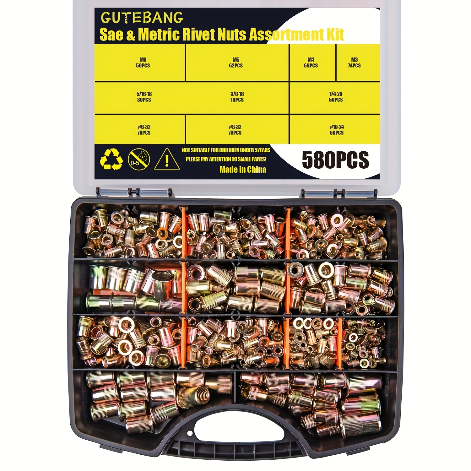 Image of 580pcs Sae And Metric Rivet Nut Kits With Portable Case, #6-32 #8-32 #10-24 1/4"-20 5/16"-18 3/8"-16 M3 M4 M5 M6 M8 M10 Nut Inserts Assortment Kit Inserts Nuts Assortment