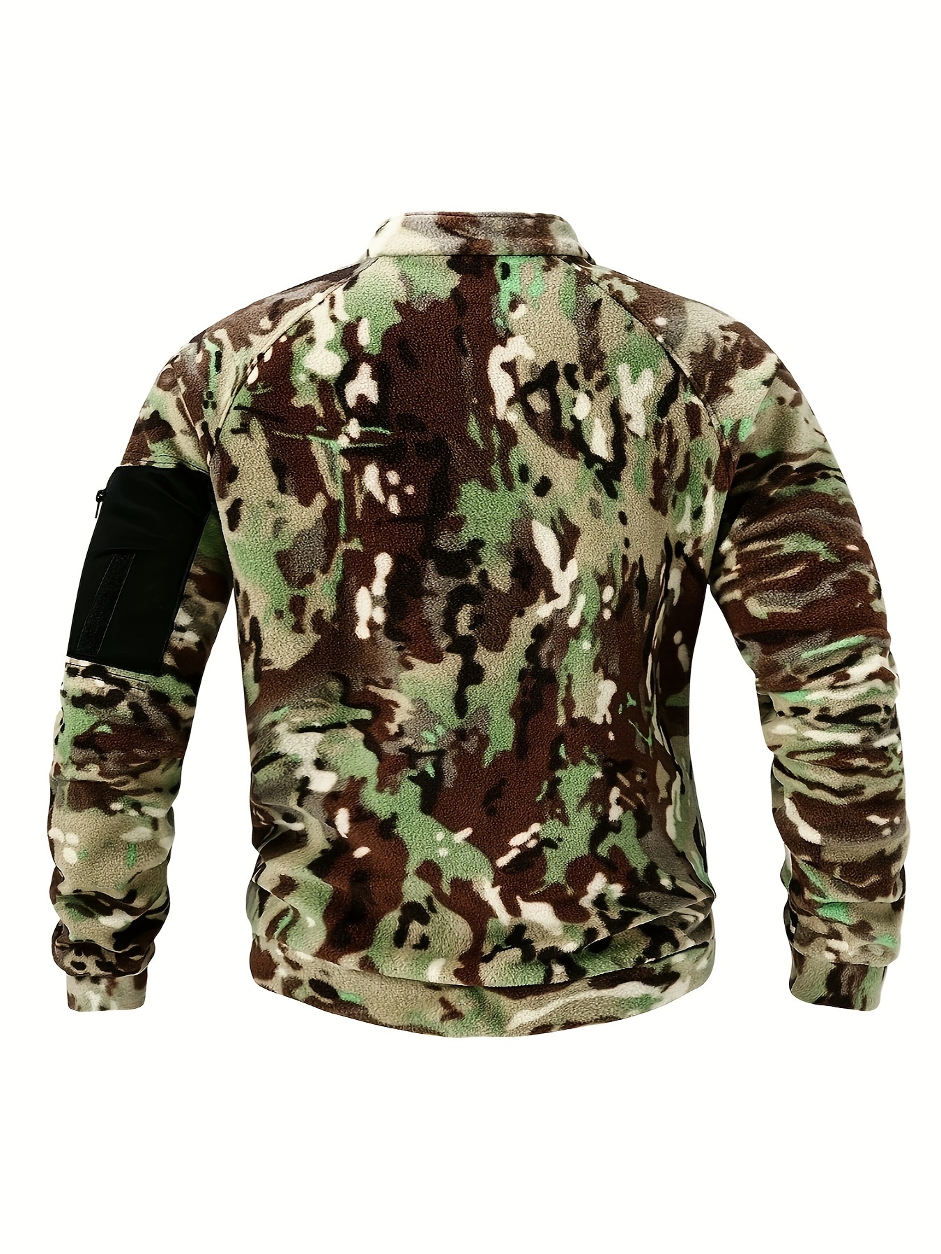 Men's Tactical Outdoor Camo Fleece Jacket - Windproof Thermal Insulation, Mid-Stretch Fleece, Stand Collar & Full-Zip Closure for Hiking, Camping, Spring/Fall Seasons, Camping Apparel, Rugged Design, Camouflage Pattern, Windproof Fabric