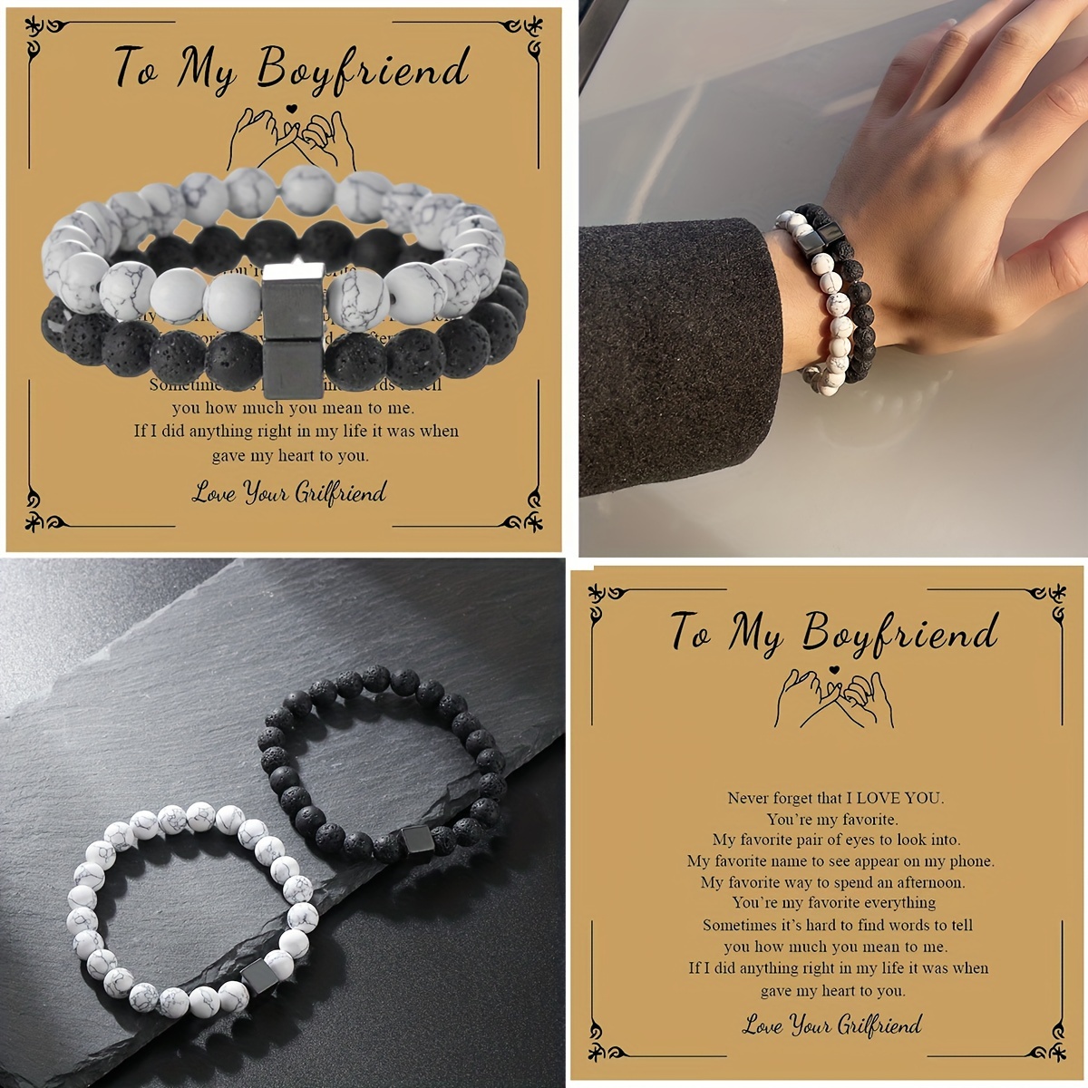 Funky Couple s Bracelets 2 Pcs Set of Stone Beaded Hand Chains Perfect Gift for Your Boyfriend