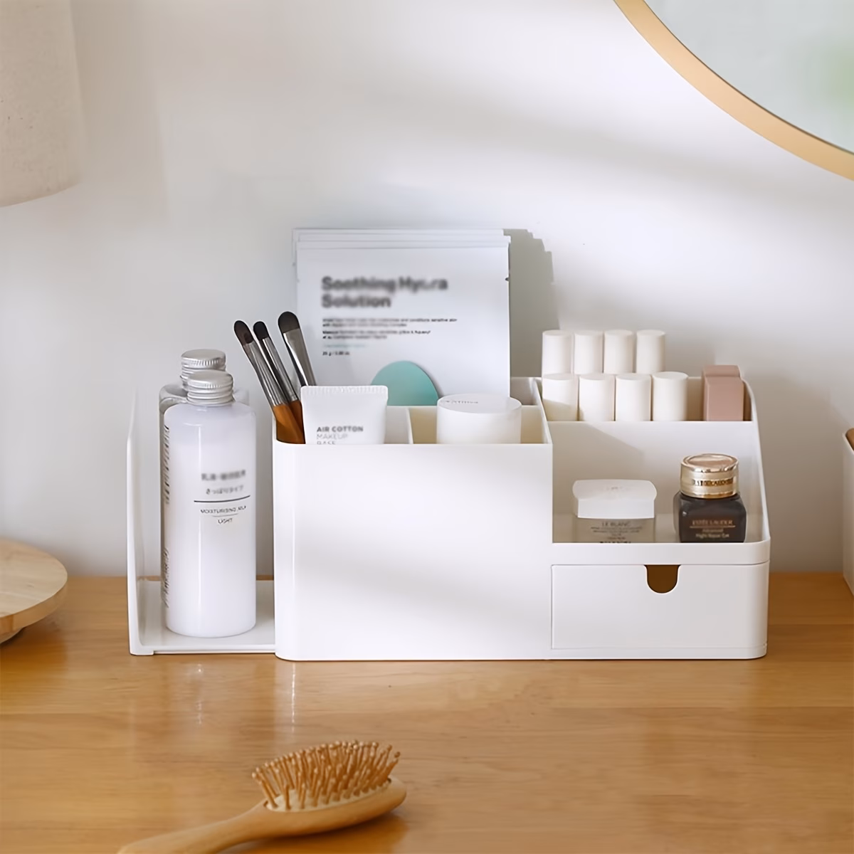 1pc organizer with expandable drawer multi tier desktop space saving design for office home vanity organizer for pens makeup stationery beauty products desk bathroom organizer pen holder durable material Product details 3