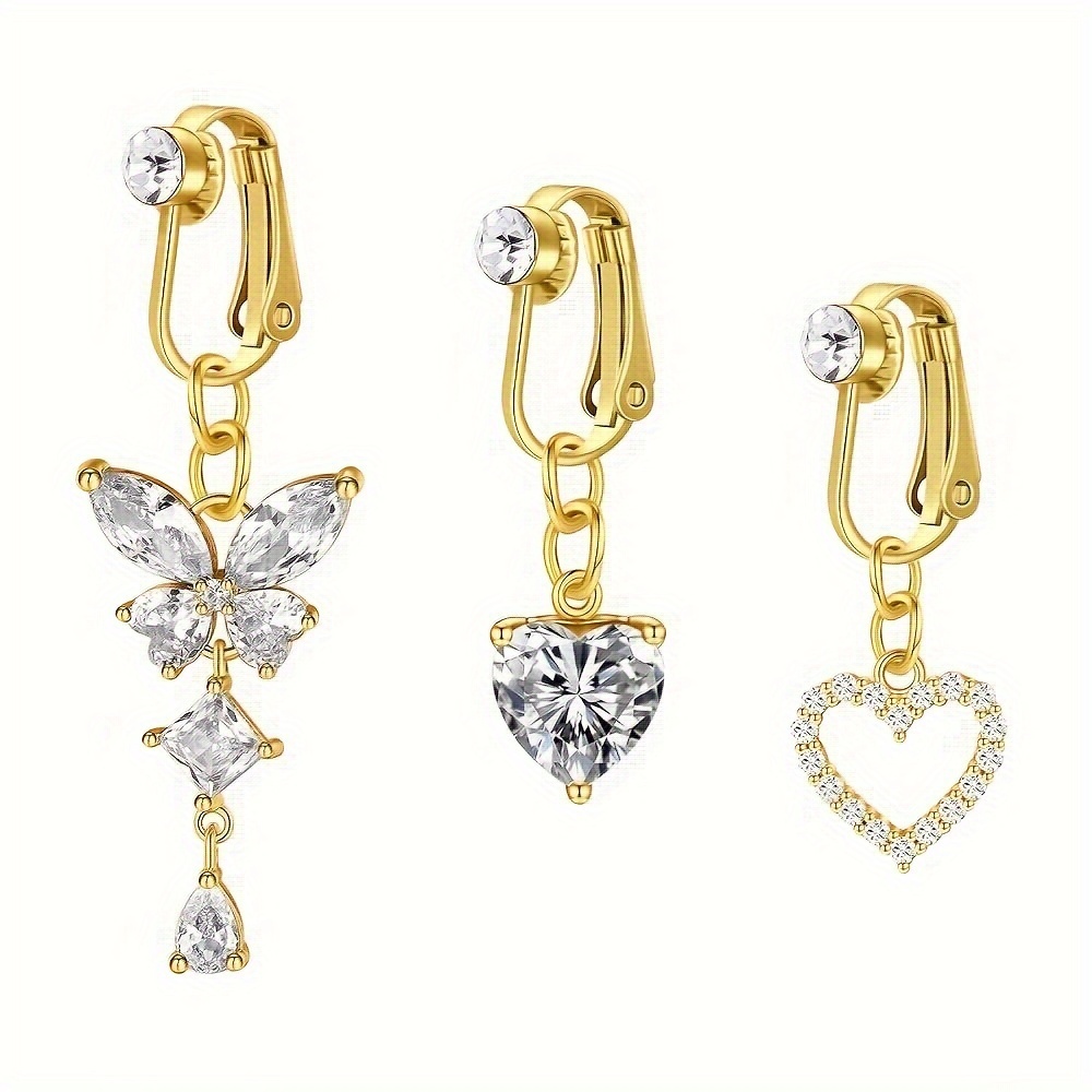 3pcs Dangle Fake Belly Button Rings Heart Shaped Stainless Steel Fake Belly Rings Belly Bar Fake Belly Button Piercing No Piercing Jewelry For Women