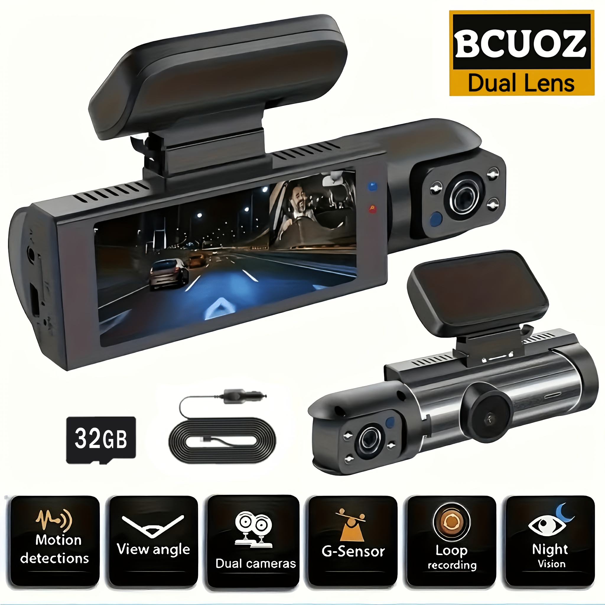 Image of 1080p+720p Dual-lens Dashboard Camera For Vehicles Featuring Infrared Night Vision, Continuous Recording, And A Wide-angle Lens - Includes A 3.16-inch Ips Display, With An Optional 32gb Memory Card