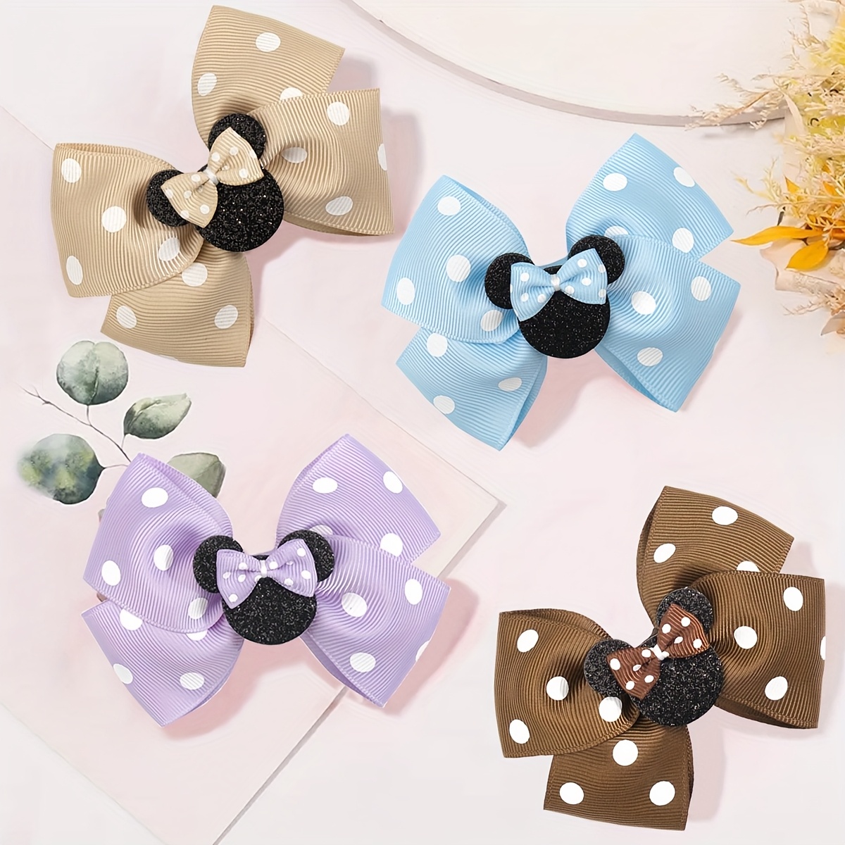 

4pcs Set Cute Polka Dot & Solid Color Bow Hair Clips - Chic Fabric Barrettes For Women And Girls, & Parties