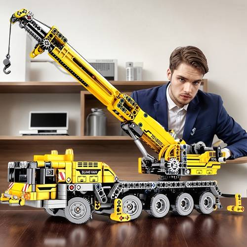 zdjęcie przedmiotu seria miejska – zestaw klocków mechaniczny dźwig budowlany, żółty model dźwigu inżynieryjnego, ruchomy, obrotowy, podnoszący, idealny na prezent urodzinowy, świąteczny lub halloweenowy dla kolekcjonerów