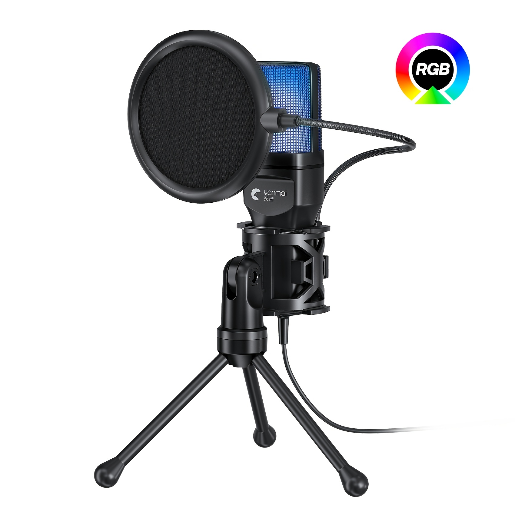 TEMU Microphone à condensateur omnidirectionnel USB , faible bruit, lumière colorée RVB, pied flexible en col de cygne, filtre -pop, trépied stable
