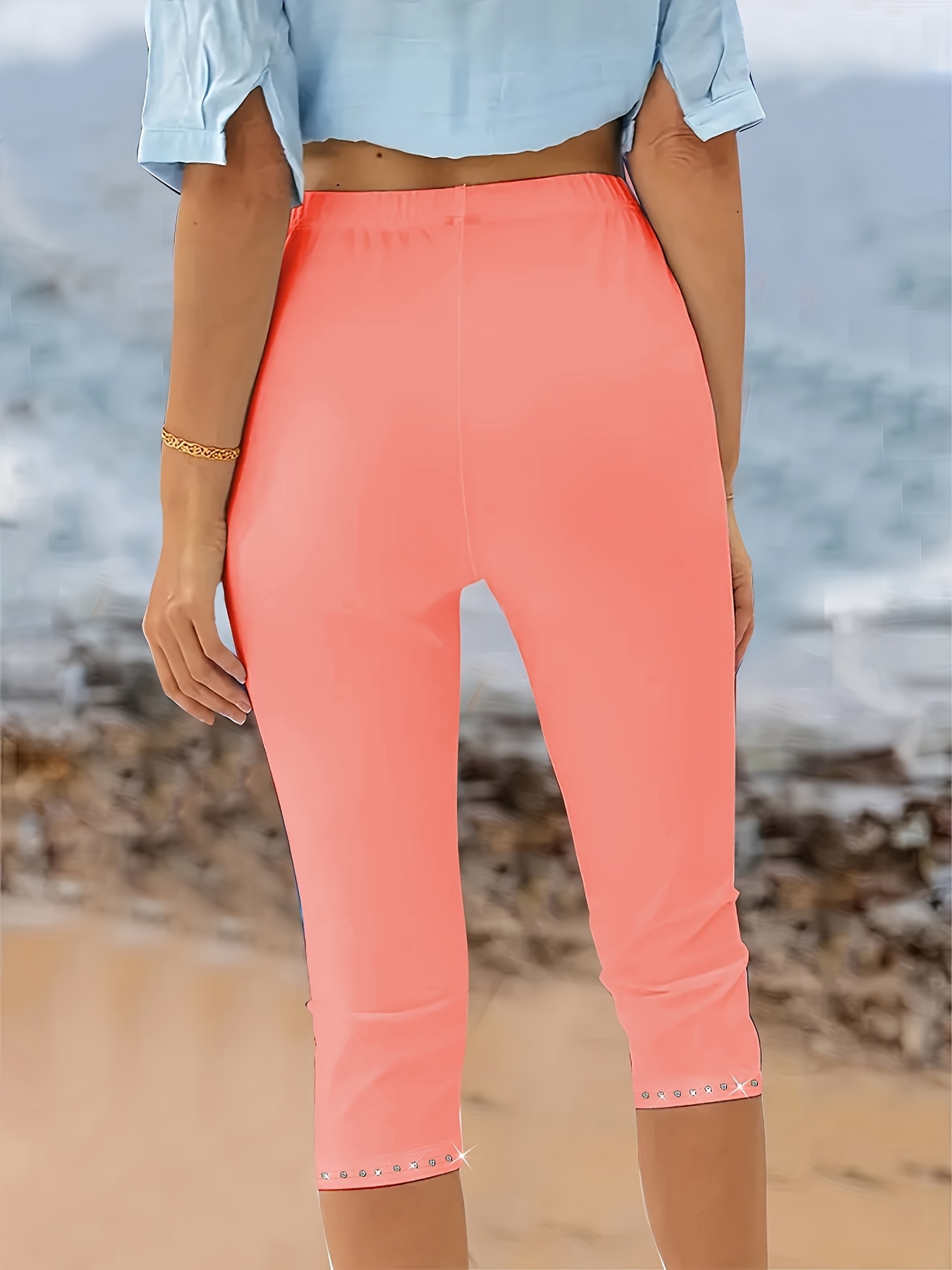 Plus Size Rhinestone Decor Capri Leggings, Casual High Waist Stretchy Leggings For Spring & Summer, Women's Plus Size Clothing
