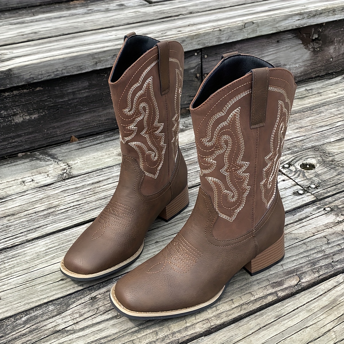 chunky heel embroidered calf boots halloween women shoes