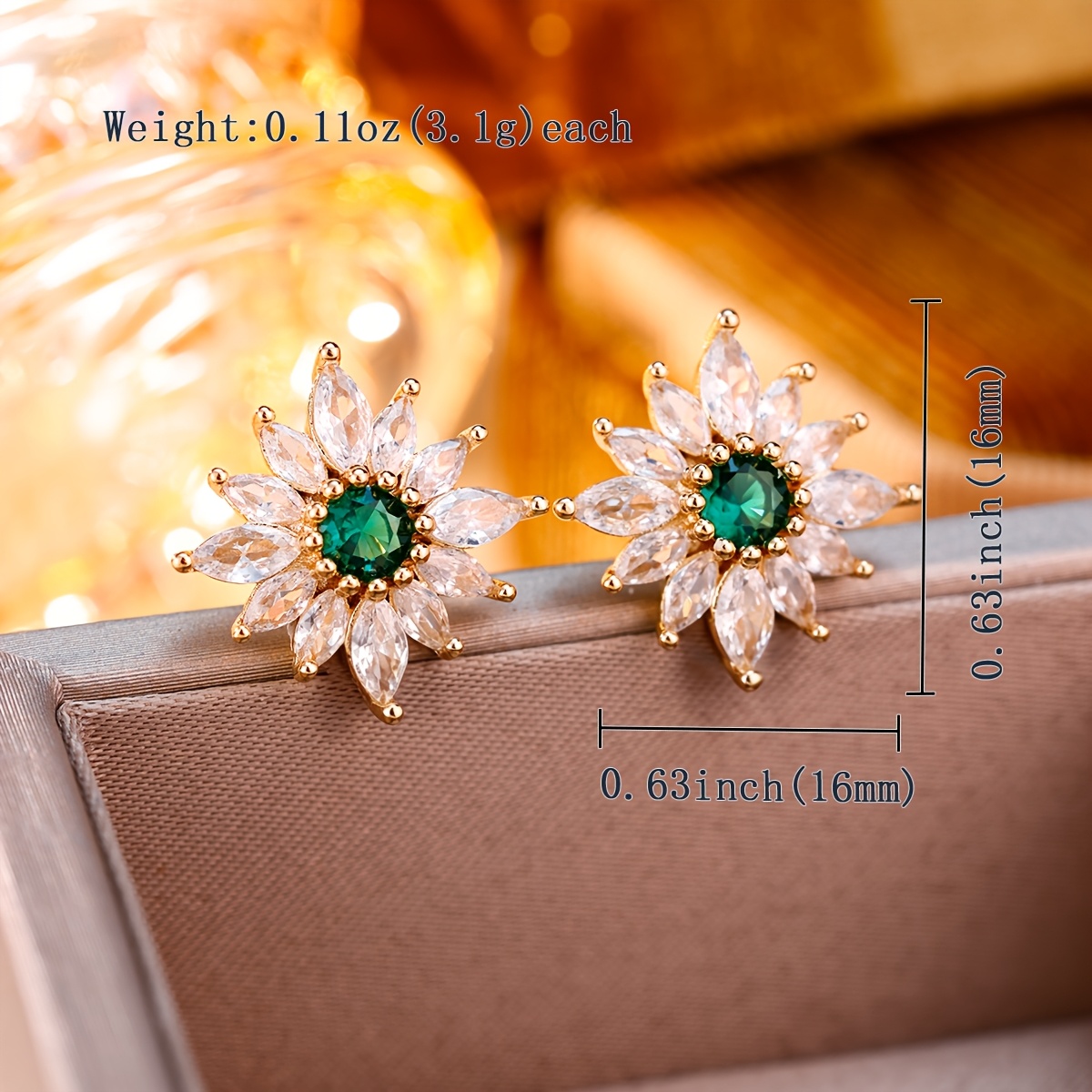 Copper Sunflower Stud Earrings with Synthetic Zirconia