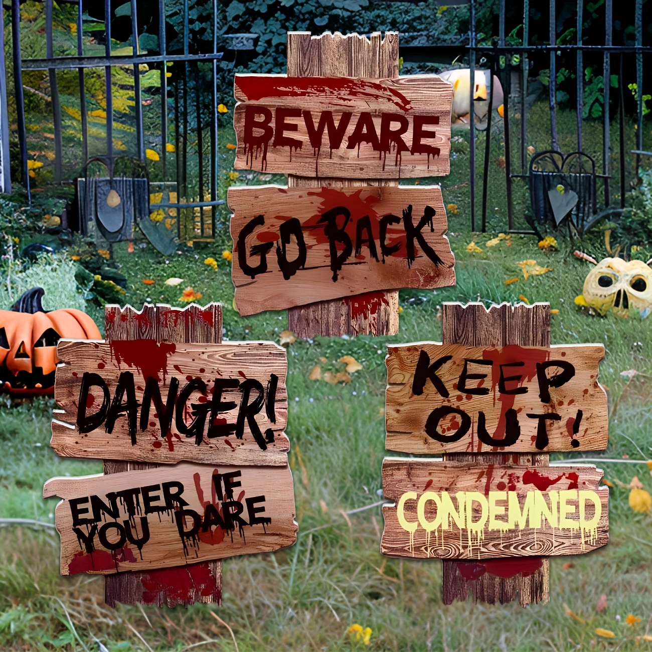 [2D Flat] 3pcs MULKUL Halloween Yard Signs - Vintage Beware & Scary Zombie Decor Stakes, Creepy Assorted Warning Signs for Outdoor Halloween Party Decor, Plastic, No Battery Needed, Garden Warning Signs | Halloween Decor | Creepy Themed Decor