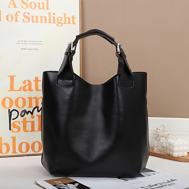 

Large Capacity Leather Tote Bag For Women - European/, Solid Color, Black, Split Leather, Adjustable Strap, Zipper Closure, Fabric , No Pattern, No Printing, Paint