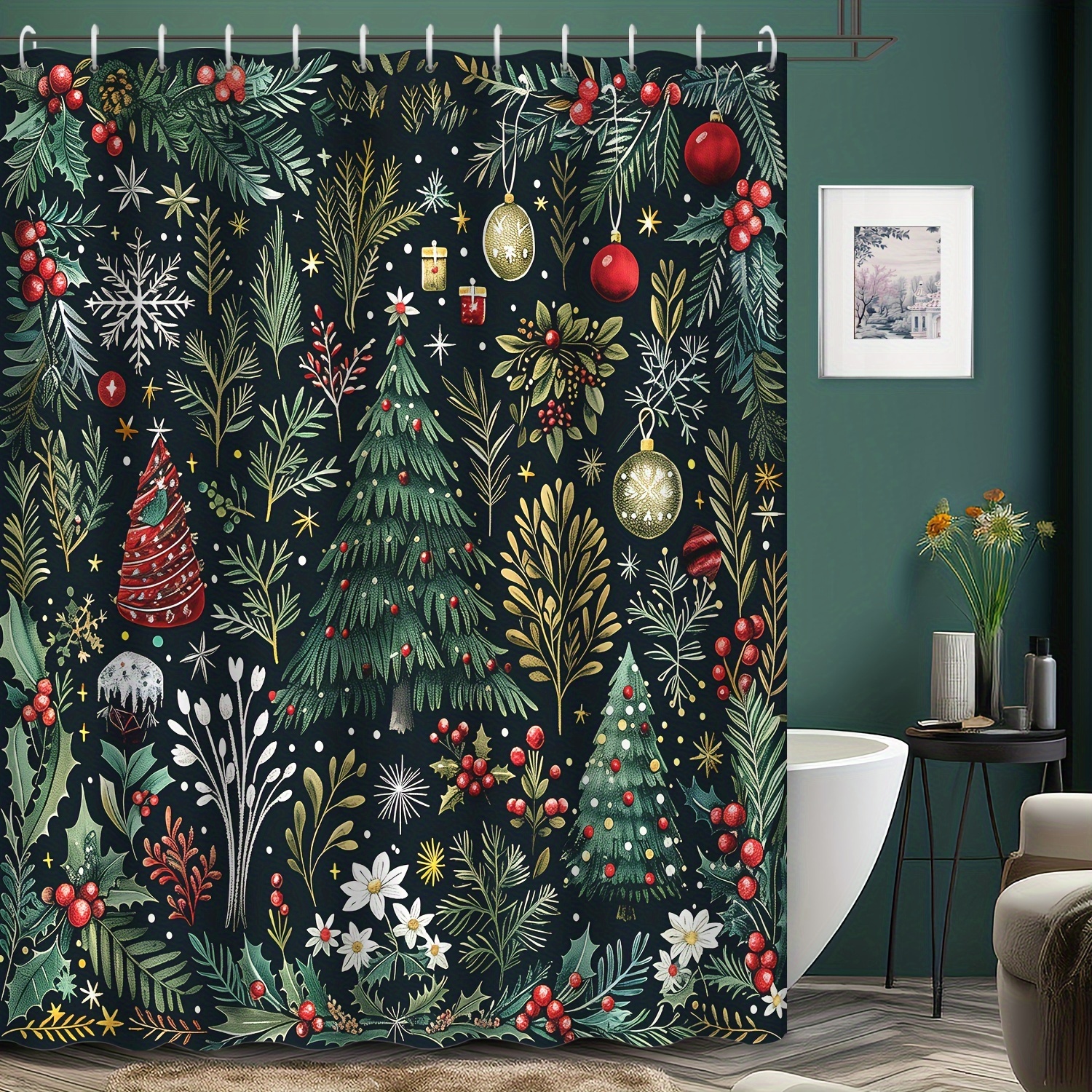 

1pc Retro Theme Christmas Winter Decoration Christmas Tree Christmas Lights Shower Curtain, 12 Hooks Waterproof Shower Curtain, Home Decoration, Bathroom Accessories