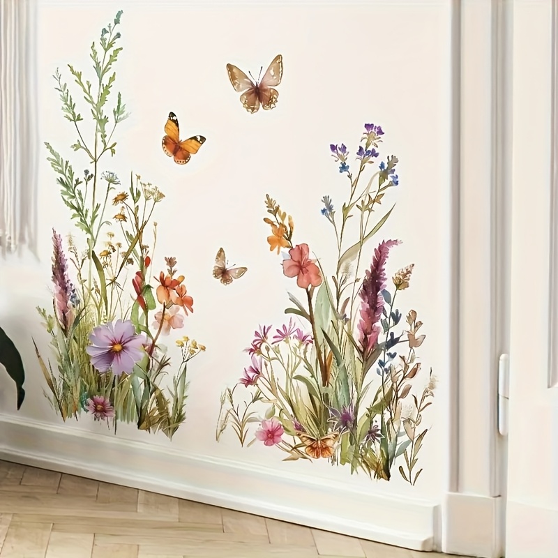 2pcs Flower Grass Stickers, Plant Decoration Nature Atmosphere Stickers, For Bedroom Living Room Study Entrance
