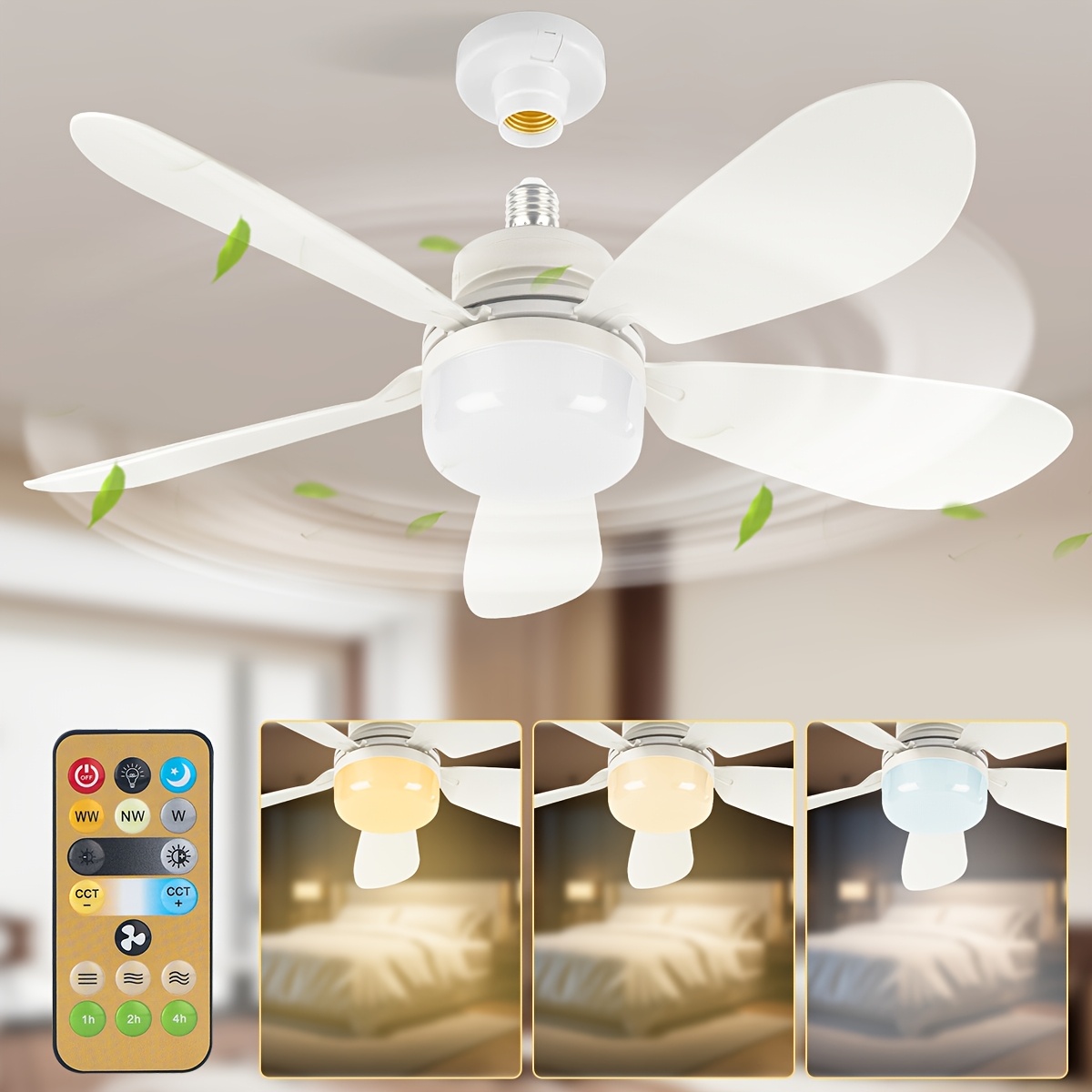 TEMU 20.5' Socket Fan Light With Remote, Screw Ceiling Fans With Lights, E26 Base Small Ceiling Fan, Dimmable Socket Fan Ceiling Fan With Light For Garage Bathroom Bedroom Kitchen, White Round Lamp
