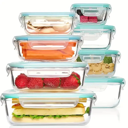 8 glass food storage containers pre meal preparation sealed lunch box leak proof lock lid microwave oven lunch box oven refrigerator and dishwasher bpa free containing 4 cleaning sponges food storage container food storage container with lid