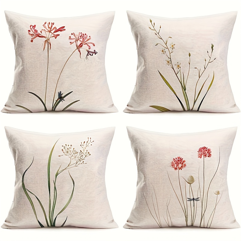 

Rustic Linen Pillow Covers With Floral Designs - Set Of 4, 18 X 18 Inches, Machine Washable, Zipper Closure, Suitable For Home, Kitchen, And Car Use