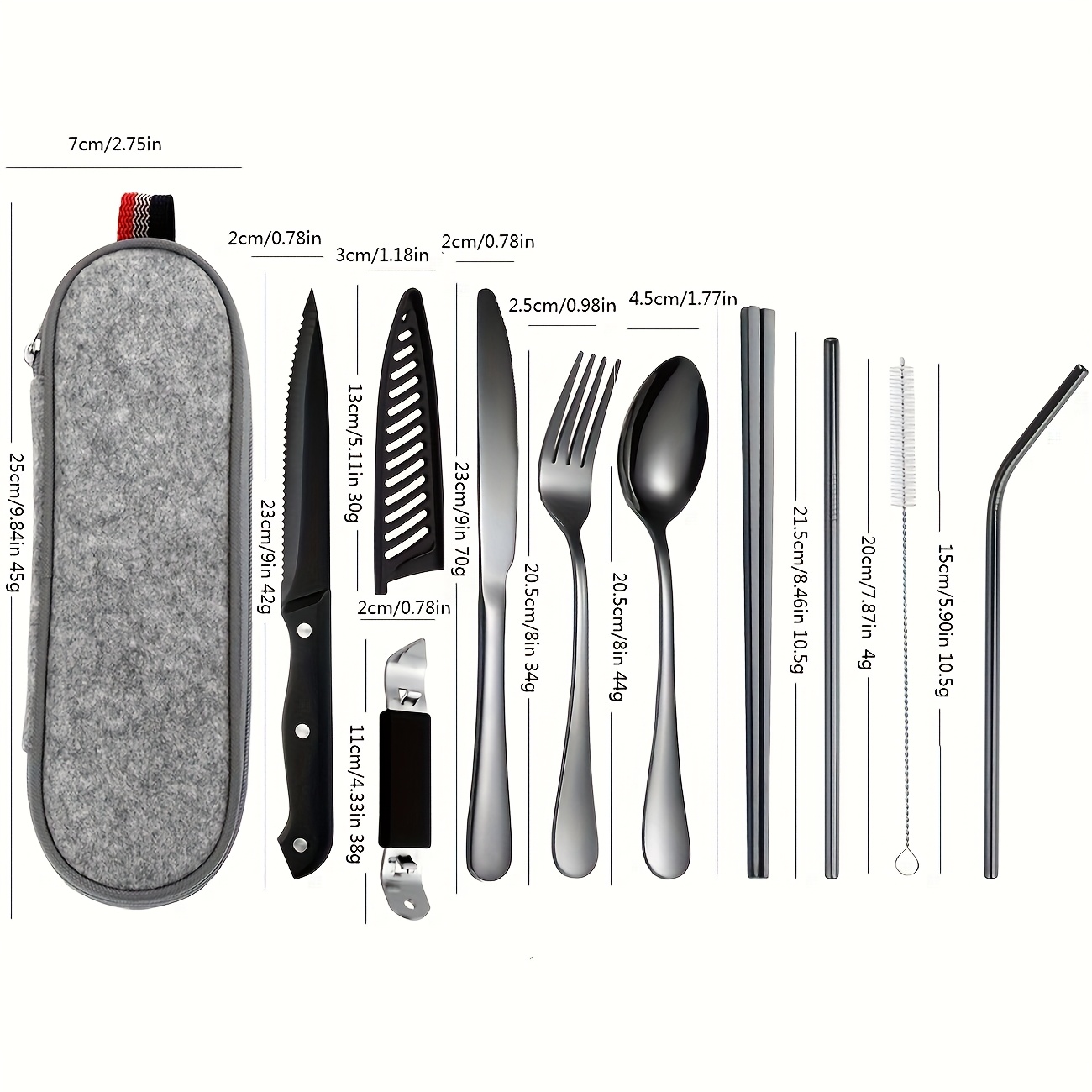 customize your text 9 10pcs black silvery stainless steel outdoor portable cutlery set travel camping set including knife   chopsticks cleaning brush straw bottle opener steak knife with knife   and not   damaged Product details 5