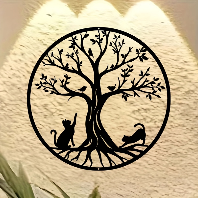 TEMU A Contemporary Featuring A Tree Of Life And A Black Cat, Measuring 15.75 Inches. This Stylish Decor Piece Is Perfect For Indoor Or Outdoor Use,