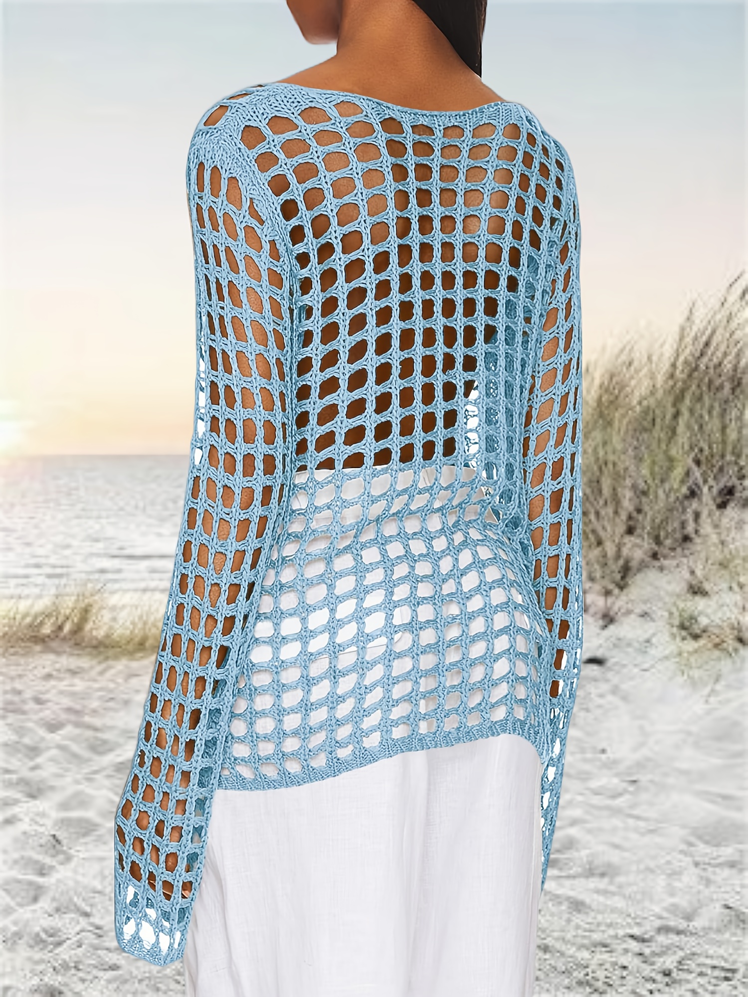Womens Long Sleeve Swimsuit Coverup Crochet Hollow Out Tie Front Swim Cover  Up Knit Cardigan