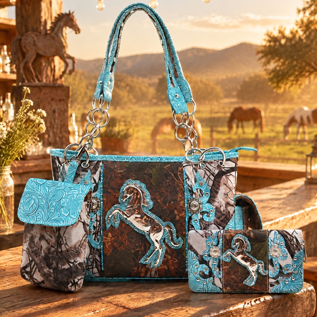 Women' Western Style Camouflage & Horse Handbag Wallet Set - Tote With Crossbody/shoulder Bag, Zipper Closure, Studded Horse Shoe Charms Suitable For Country, Ranch, Equestrian