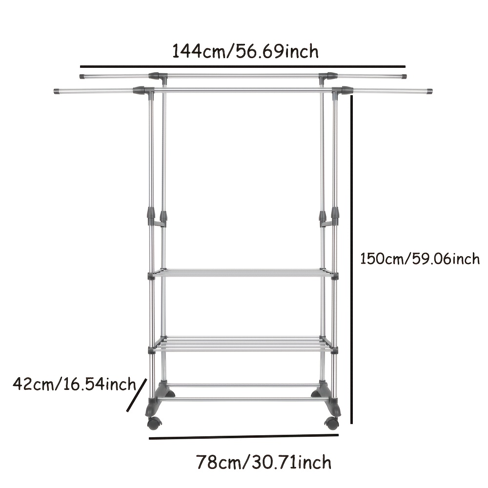 TEMU Double-rod Clothes Rack With Wheels | Adjustable Length, 3-tier Storage Shelves, Freestanding, Stainless Steel End, Silvery