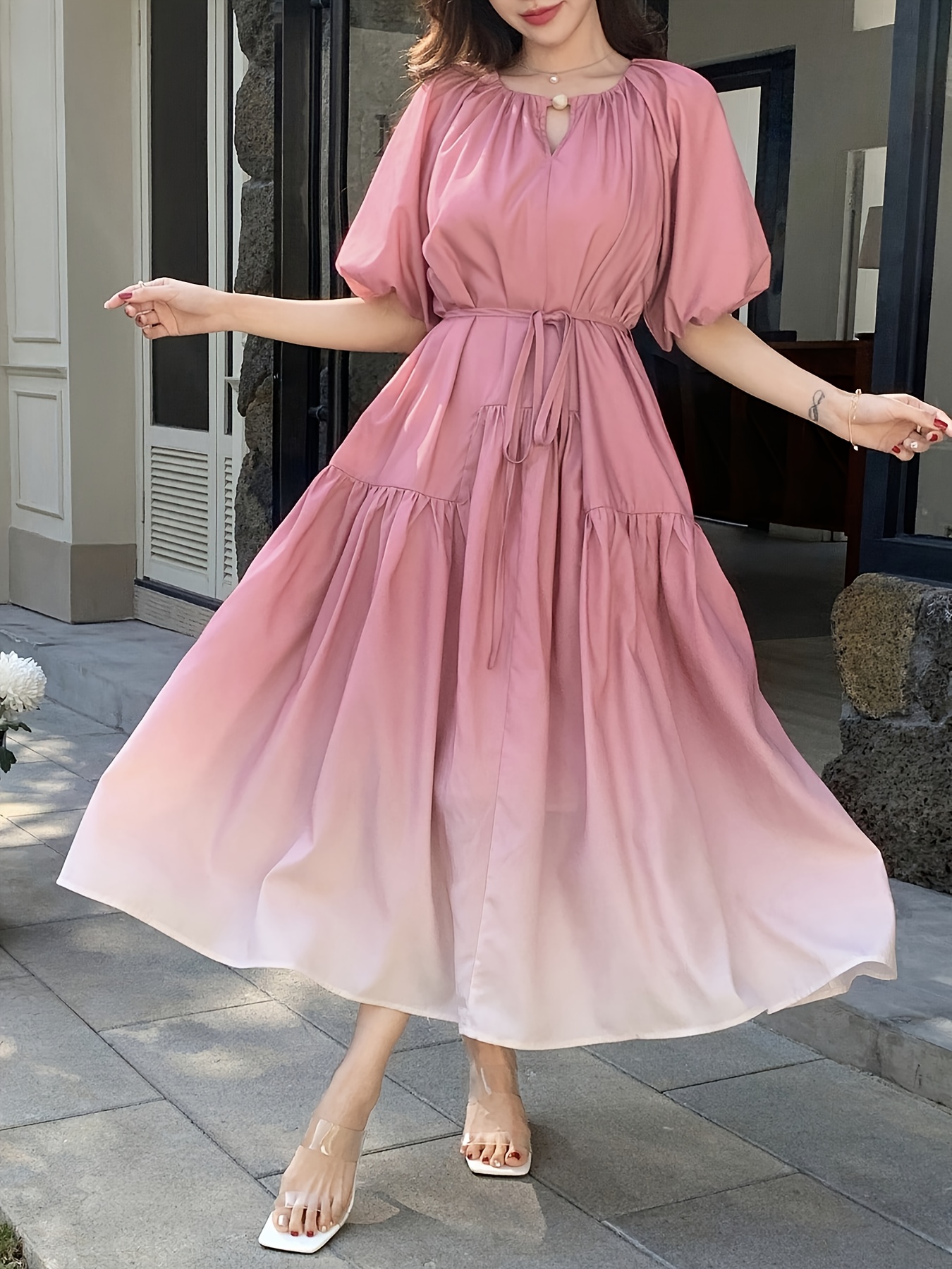 Elegant Women'S A-Line Dress with Ruffled Sleeves - Soft Pink to White Gradient, Round Neck, Flowy Design, Perfect for Casual or Formal Occasions, Casual Dressing | Ruffled Sleeve Dress | Aline Silhouette, Cute Dresses