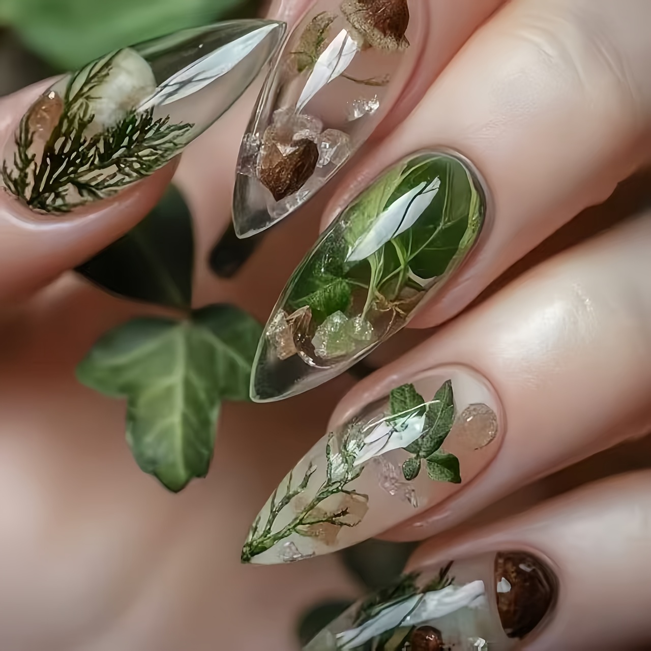 TEMU 24pcs Nail Art Set, Transparent With Green And Brown, Clear And Grass And Patterns, Glossy Detachable Medium Length Water Drop Nails, Decorative