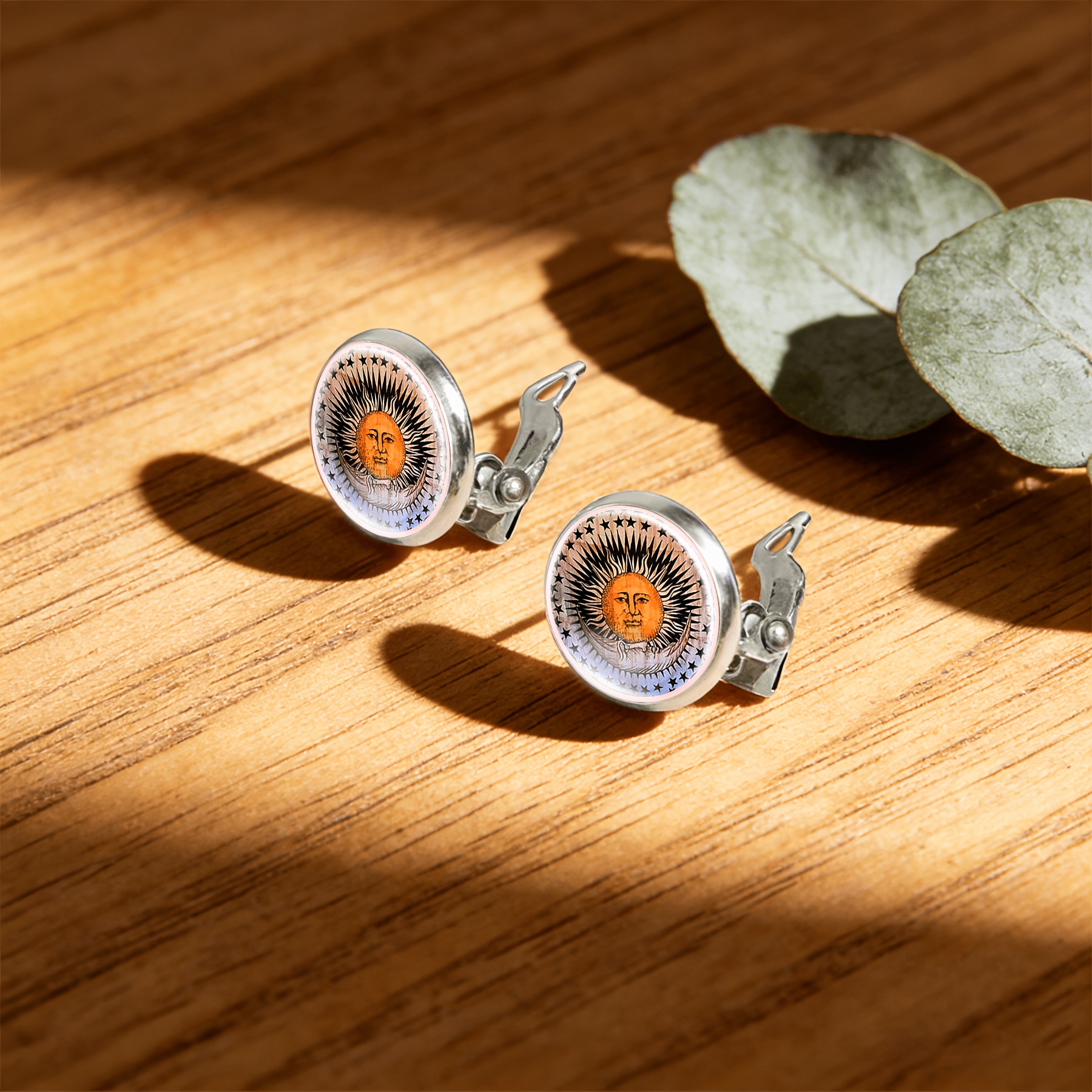 2pcs No-Piercing Round Glass Earrings Set with Radiant Sun Face