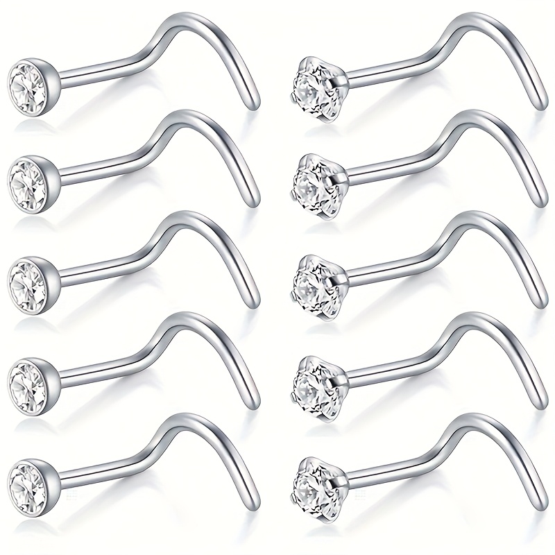 TEMU Lot de 10 anneaux de nez argentés à faible , clous de nez, bijoux de piercing pour clous d'oreilles, clous de nez/cartilage en synthétique de 2