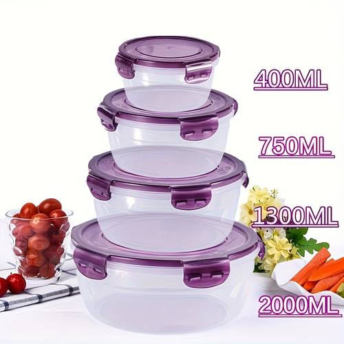 8 piece set 4 containers 4 lids purple and green transparent food storage containers kitchen storage accessories vegetable and fruit preservation boxes microwave oven round lunch boxes suitable for cafeterias camping picnics