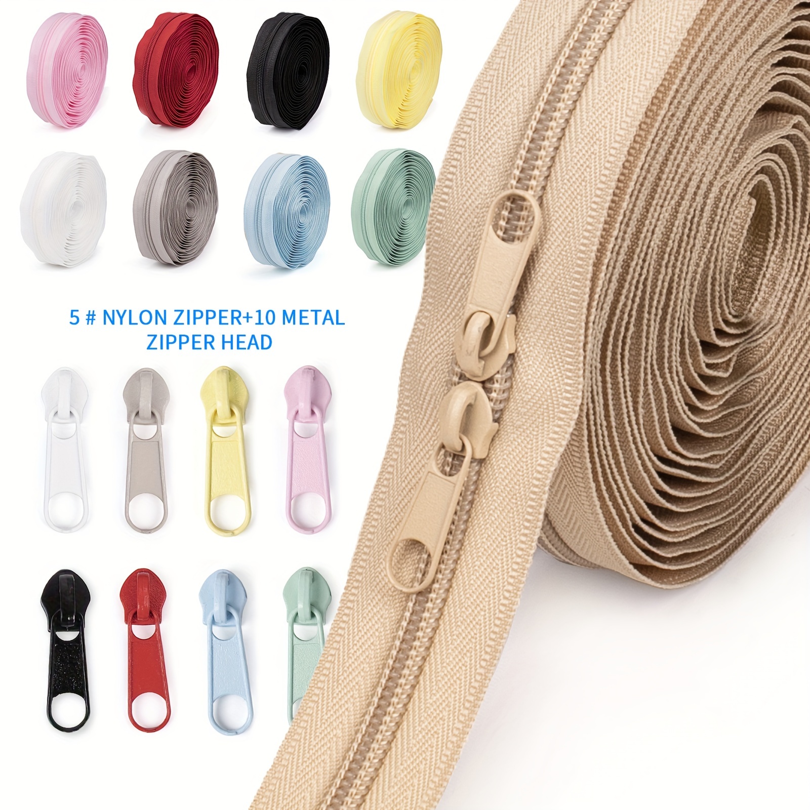 

1pc 5# Nylon Zipper Roll Set, 177 Inch With 10 Metal Zipper Sliders, Non-lock, Multi-color For Diy , Clothing, Home Textiles