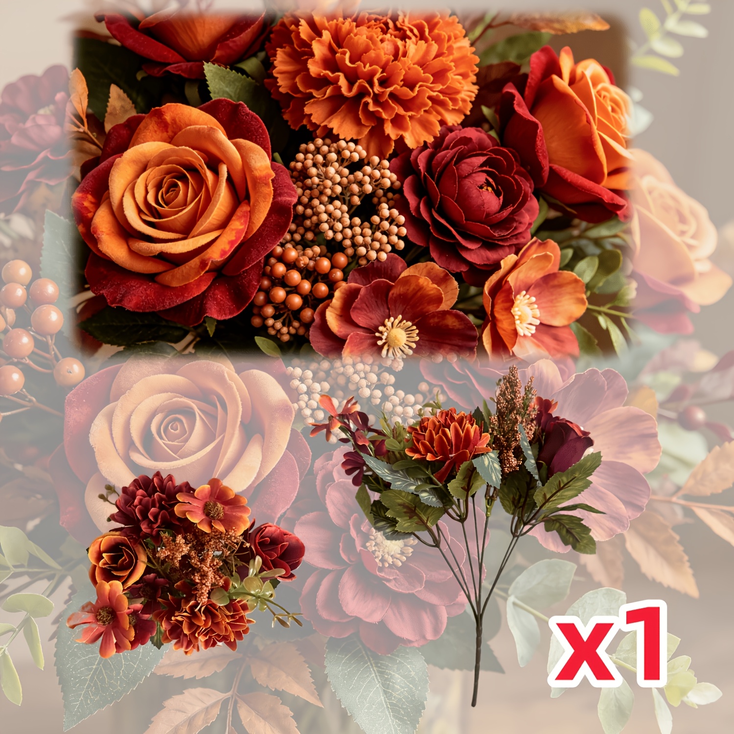 TEMU 1pc Rose, Multi-petal Flower With Brown Berry Cluster Mixed Bouquet - Suitable For Home Decoration - Holiday Decor - , Photography Props,