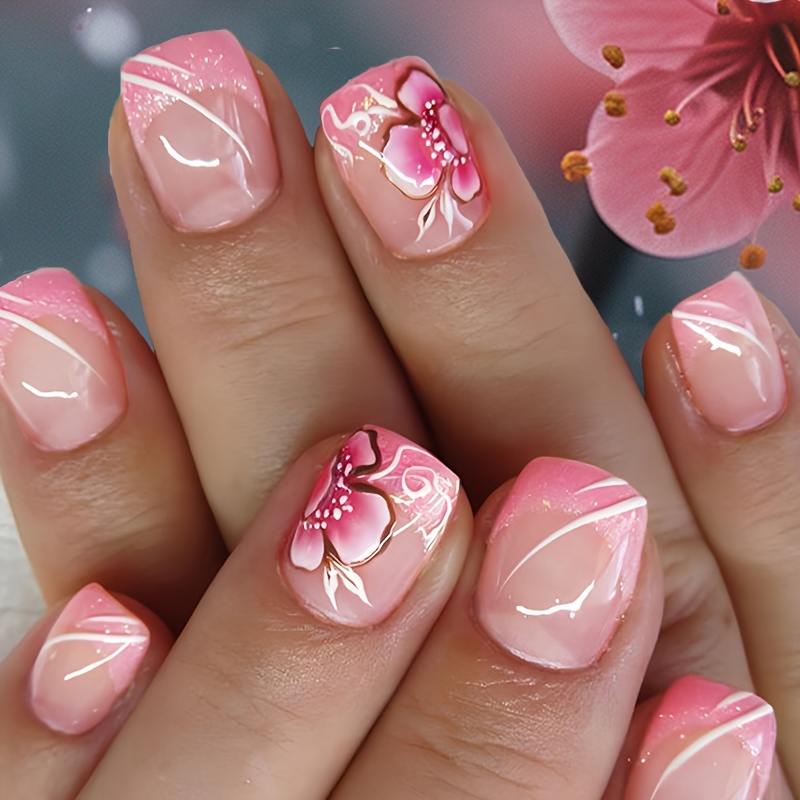 

24pcs Spring/ Peach Press-on Nails, Cat-eye With French Romantic Line Designs, Short Square Shape - Ideal For Women And Girls, Perfect Valentine's Day Gift