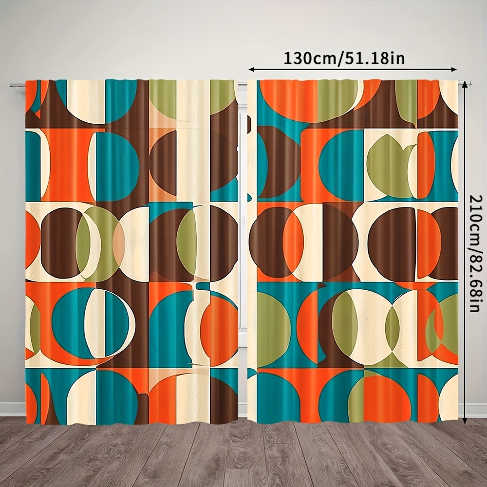TEMU 2pcs Retro Mid-century Modern Colorful Curtains - Vibrant 50s, 60s, 70s Style, Polyester, Light Filtering, Rod For Living Room, Bedroom, Kitchen