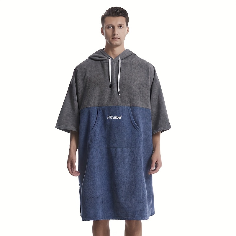 Image of 1pc Hiturbo Surf Poncho Changing Towel Robe, Quick Dry Middle Length Sleeve Changing Towel, Terry Bathrobe Beach Robe With Hood For Diving Swimming Surfing, Fits All