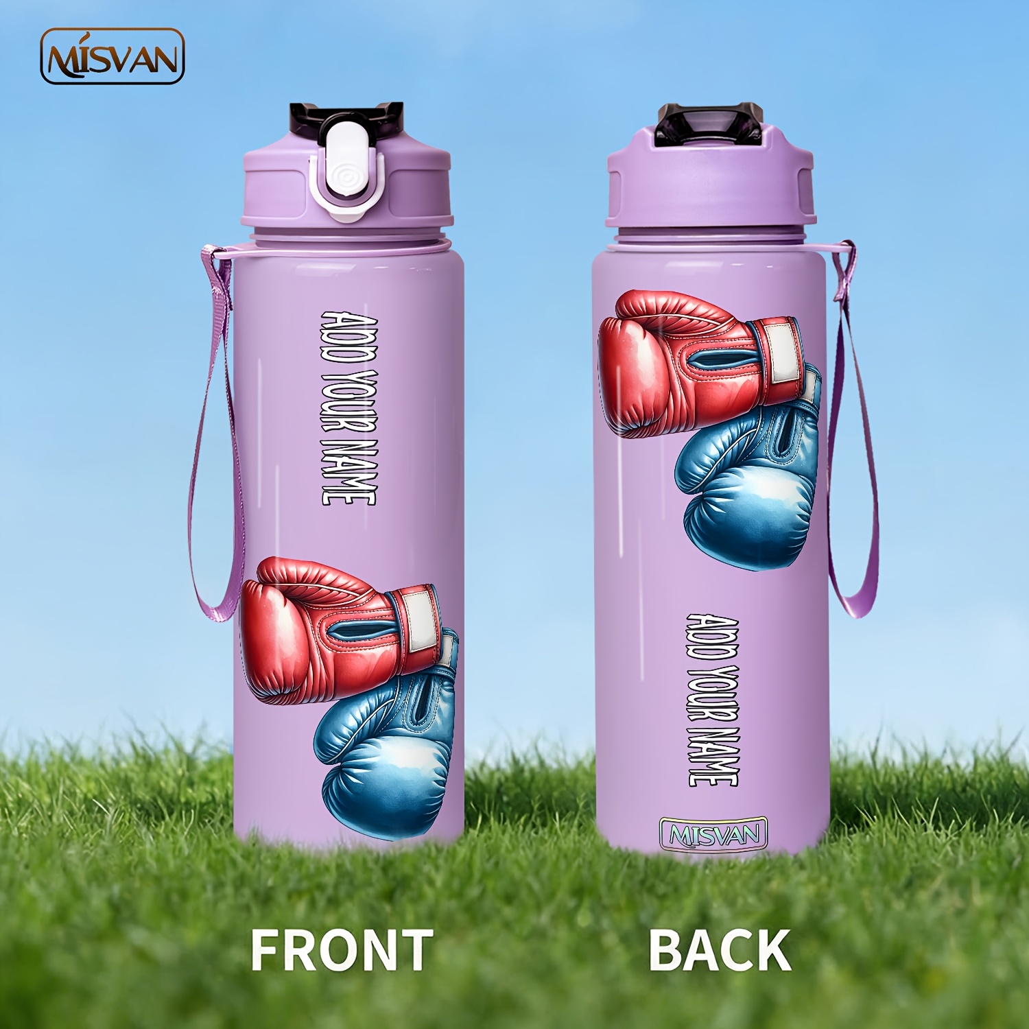 TEMU 1pc Custom Name,red And Blue Boxing Gloves Graphic Print,750ml/25oz Water Bottle With Time Marker & Letter Print | Leakproof Open,wide Mouth |