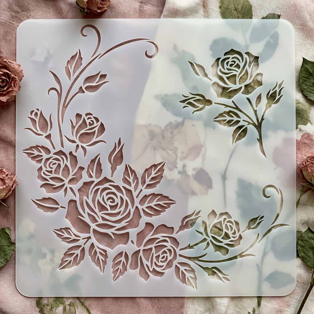 TEMU 1pc Reusable Corner Rose Stencils Suitable For Diy Crafts - Pet Plastic Templates With Corner Cutouts & Rose Patterns, Washable Suitable For