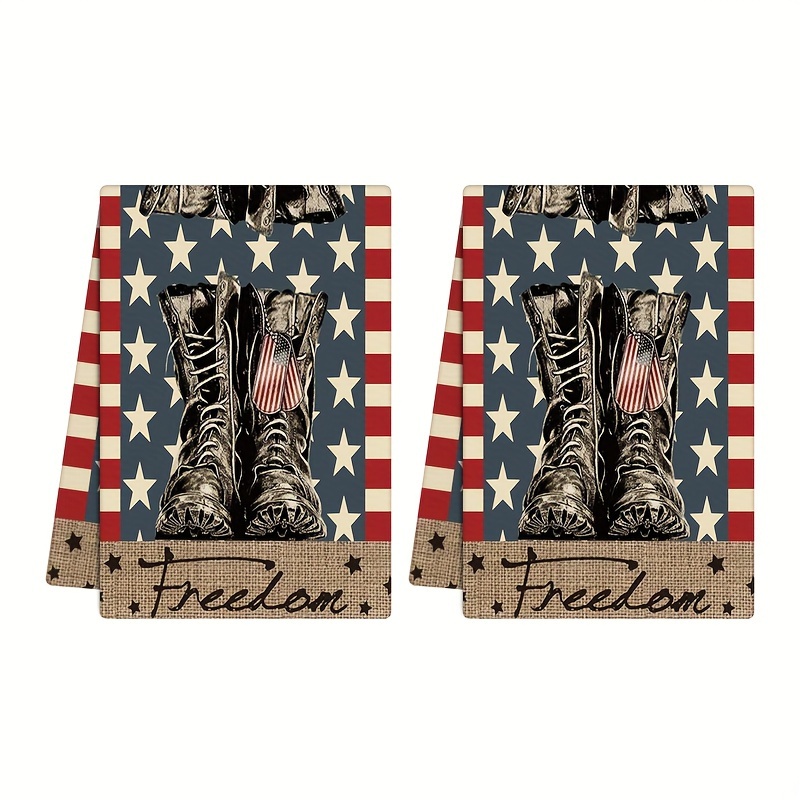 

2pcs, Hand Towels, Patriotic Independence Day Kitchen Dish Towels, Vintage American Flag With Boots Design, Polyester Cleaning Cloth, Festive July 4th Holiday Home Decor