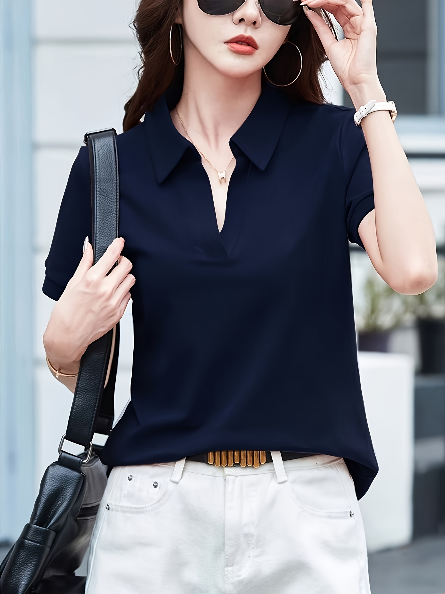 womens casual v neck blouse navy blue short sleeve collar Temu