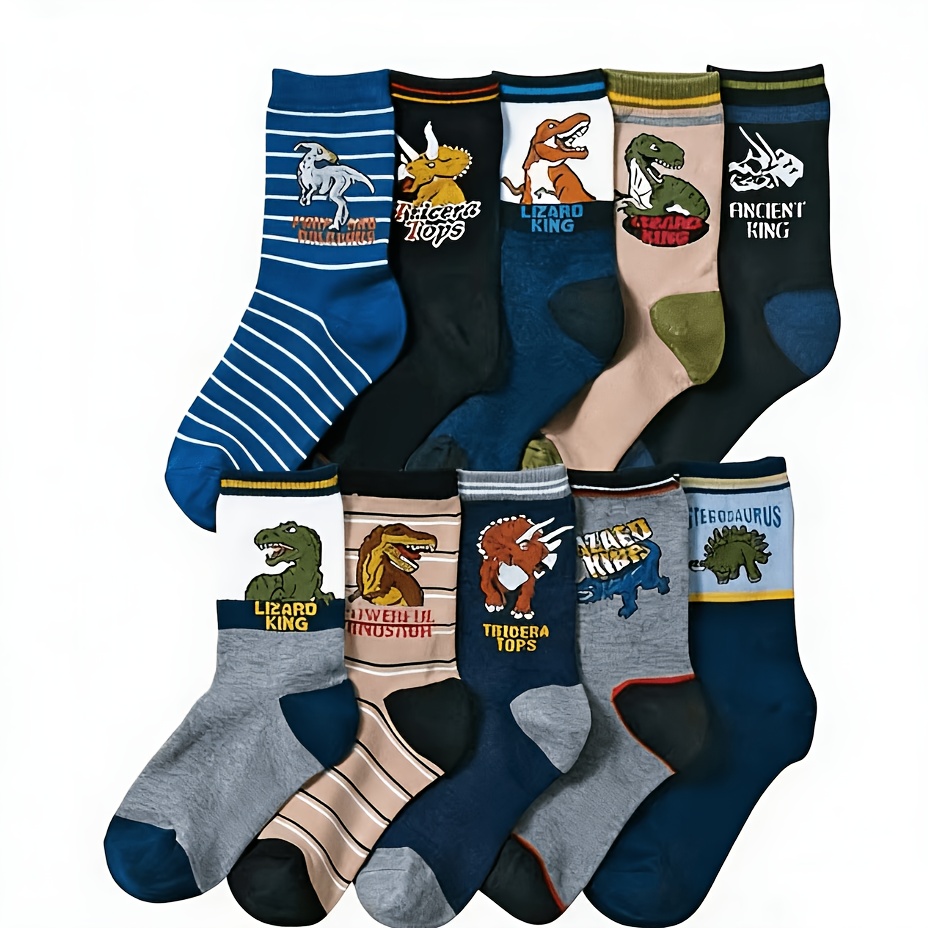 Image of Autumn And Winter Necessities, 10 Pairs Boys' Dinosaur Socks, Comfortable Mid-calf Socks, Suitable For Daily Wear, Student Campus Life Outfit, Daily Warm Clothing
