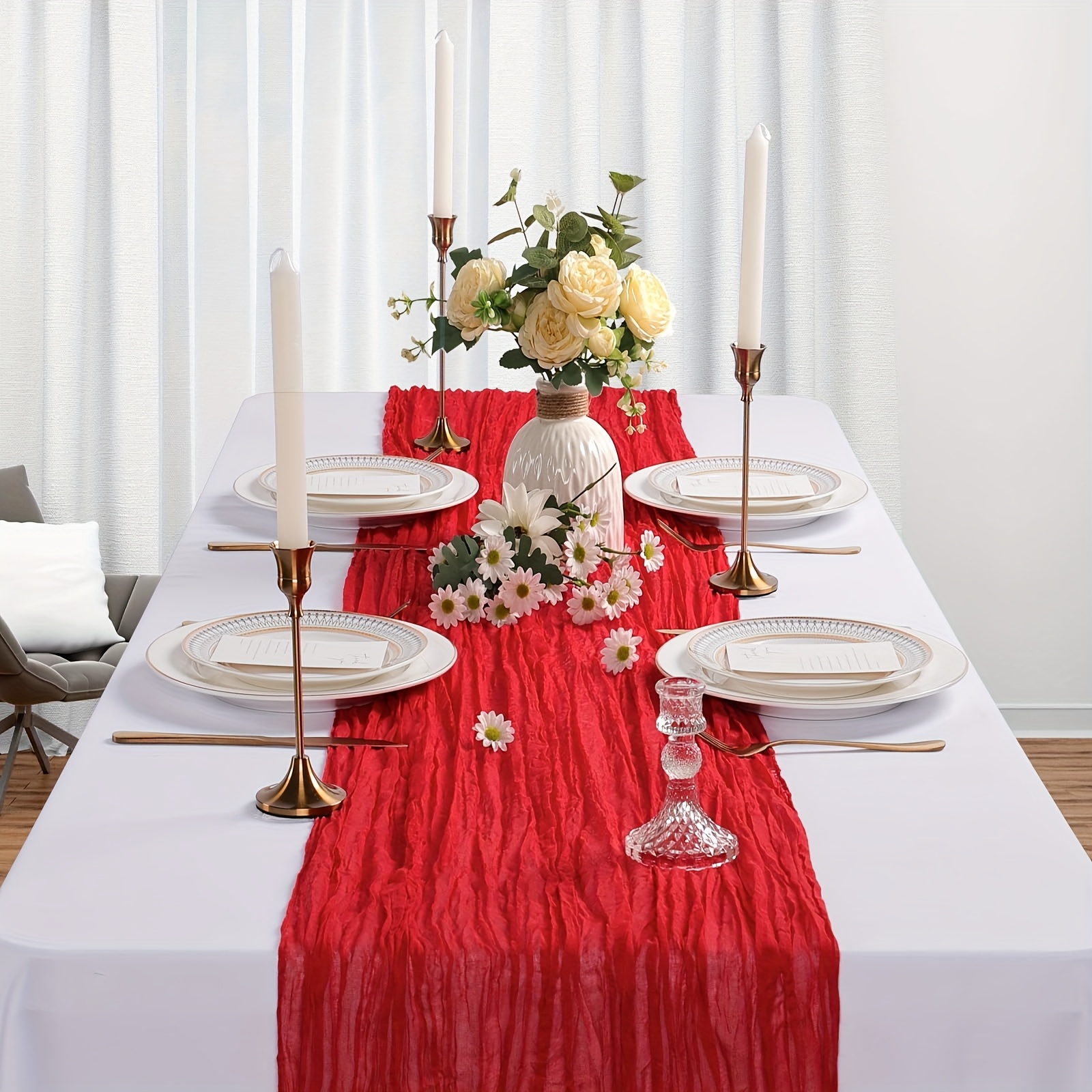 TEMU Red Cheese Cloth Tablecloth, 118 Inches (approximately 300 Cm) Long, Suitable For Weddings, Bridal Showers, Birthdays, Christmas, Valentine's Day, And Transparent Table Decorations.