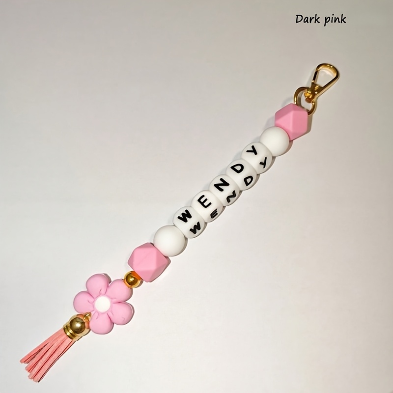 TEMU 1pc Customizable Silicone Letter Bead Keychain - Silicone Bead Design With Tassel Flower - Charm Keychain With Customizable Name Tag - Fashion