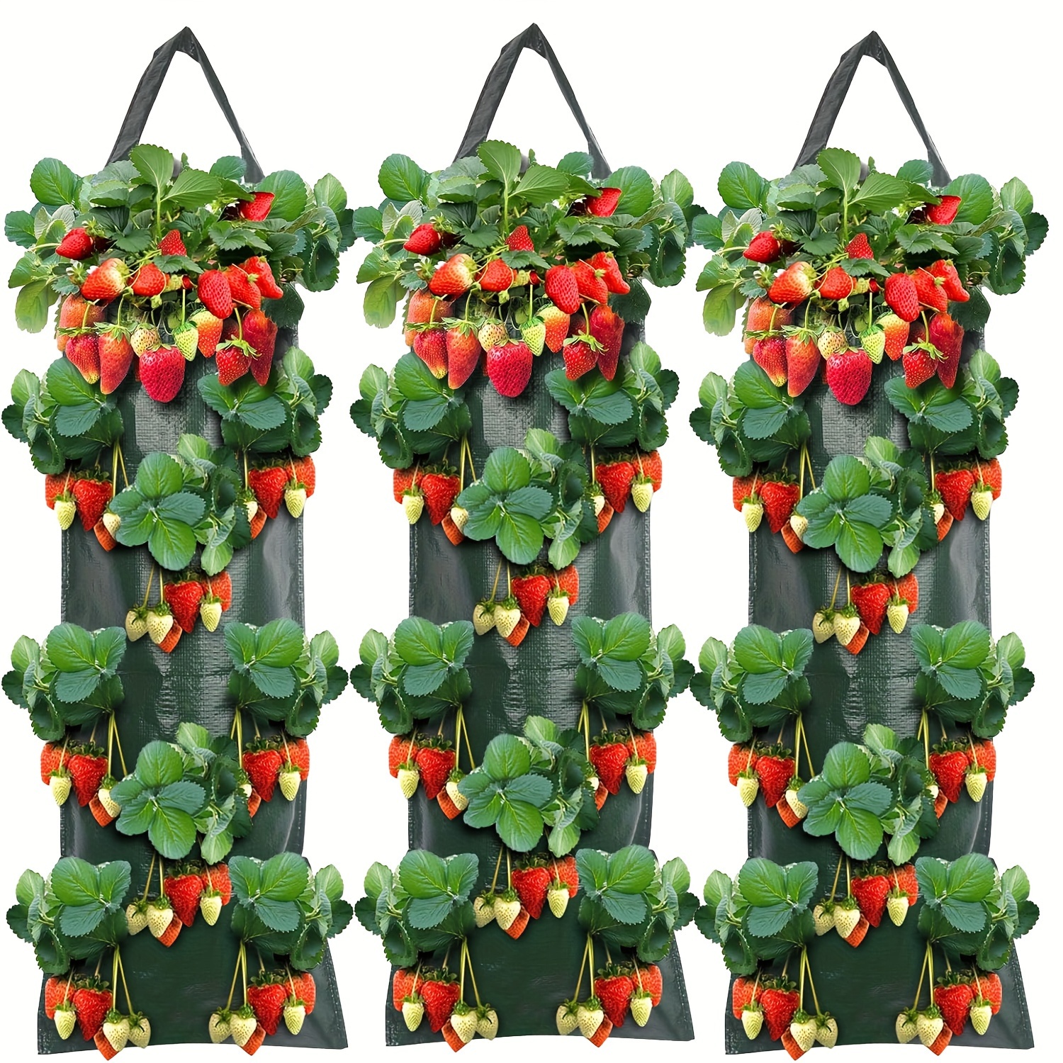 

3pcs Jardinières Vertes Suspendues pour Fraise avec 8 Trous - Sacs de Culture Polyvalents pour Tomates de Jardin & Extérieur, Inclut un Support de Plante