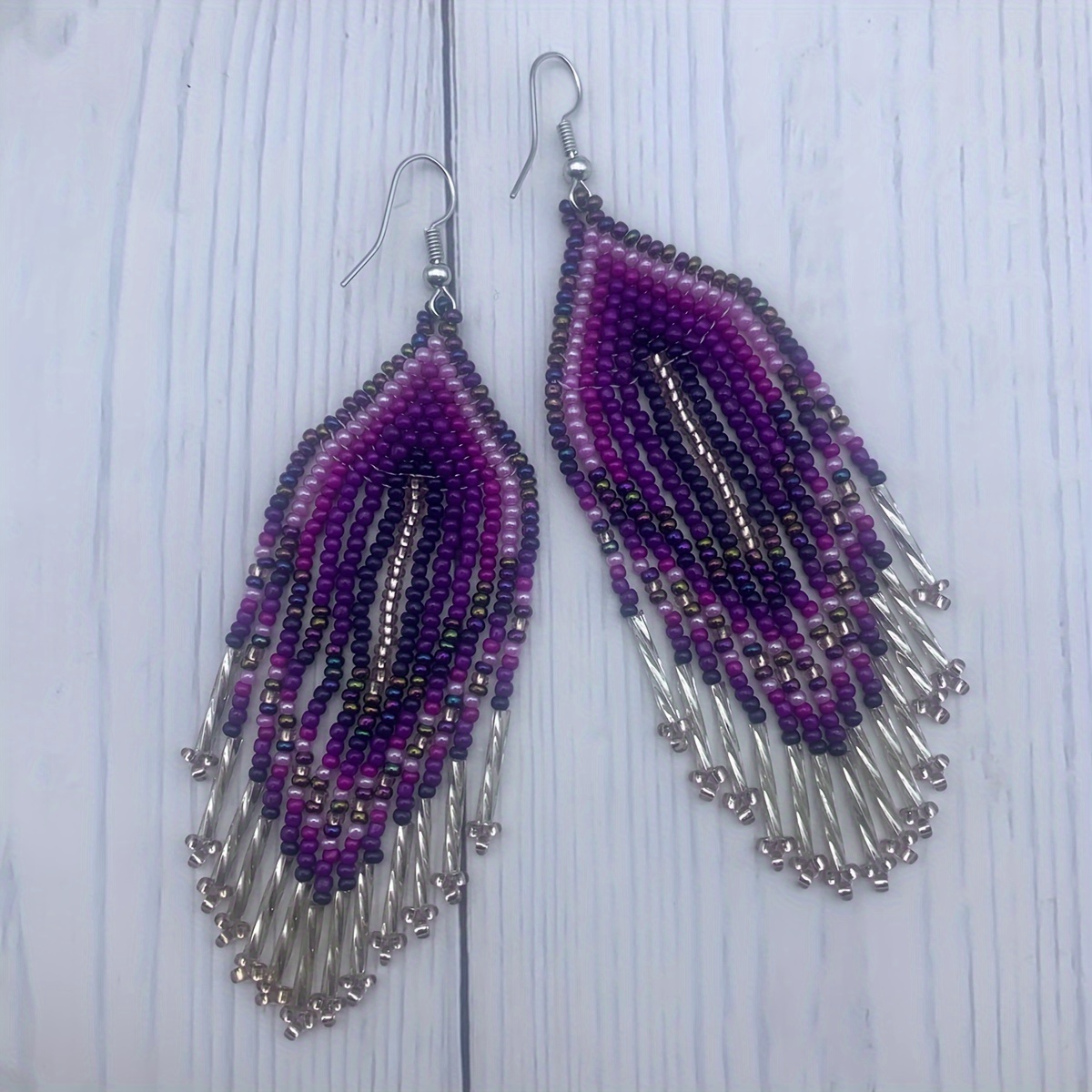 TEMU Boucles d'Oreilles Artisanales Boho-Chic avec Pompons et Perles - Violet Vintage, Parfaites pour les Festivals & Tenues Décontractées