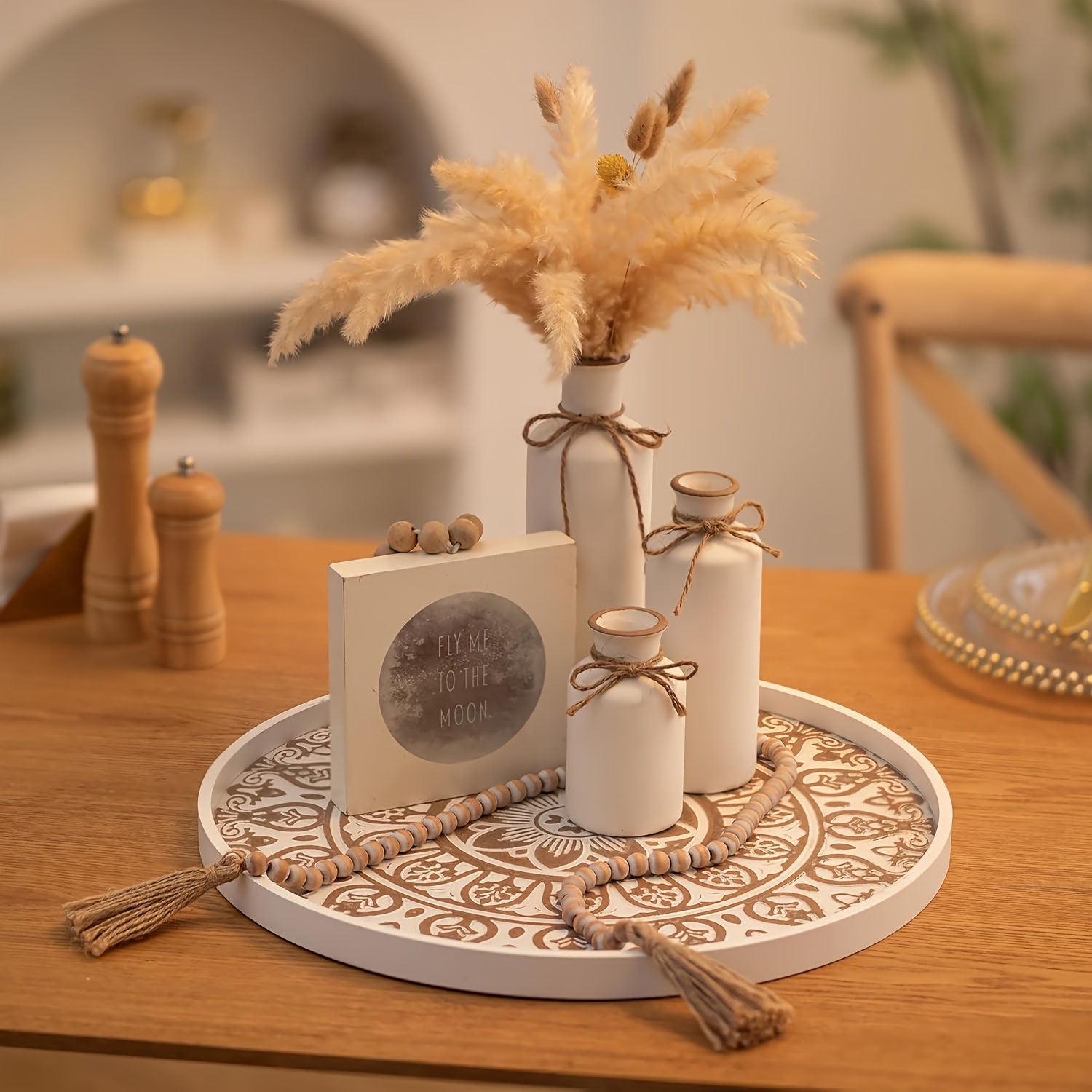 1pc Boho Style Wooden Round Serving Platter, Decorative Tray with Carved  Leaf Design, for Home Decor, Centerpieces